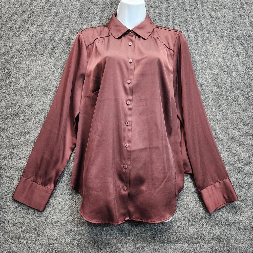 Torrid Womens Burgundy Satin Button Down Blouse Long Sleeve Office Workwear 00